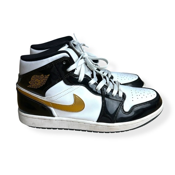 Nike Air Jordan\u200e 1 Mid Patent Black White Gold 852542-007 Men's Size 11.5